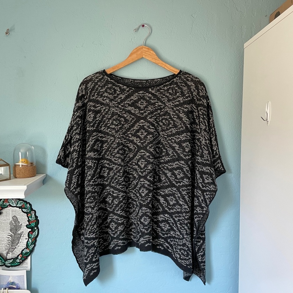 eileen fisher ikat knit poncho geometric black patterned linen blend pullover OS